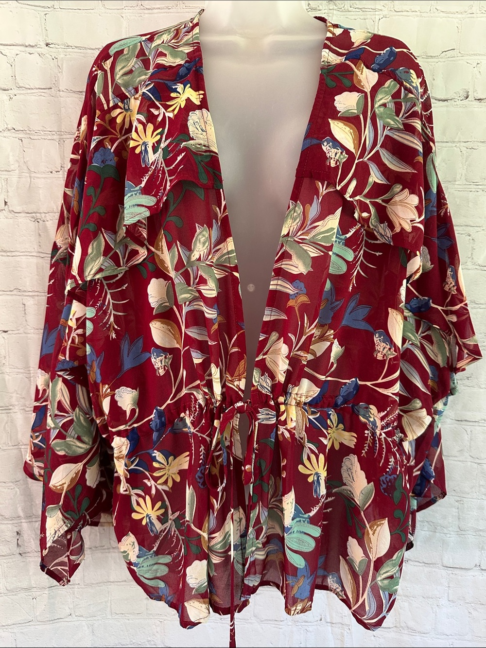 Umgee Burgundy Floral Lightweight Kimono Jacket with  Pullstring like New L